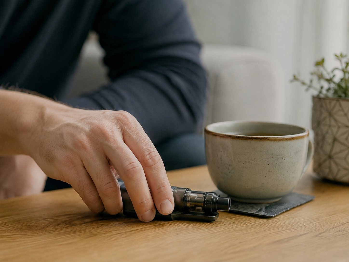 A hand sets a lighter down on a wooden table beside a stoneware mug