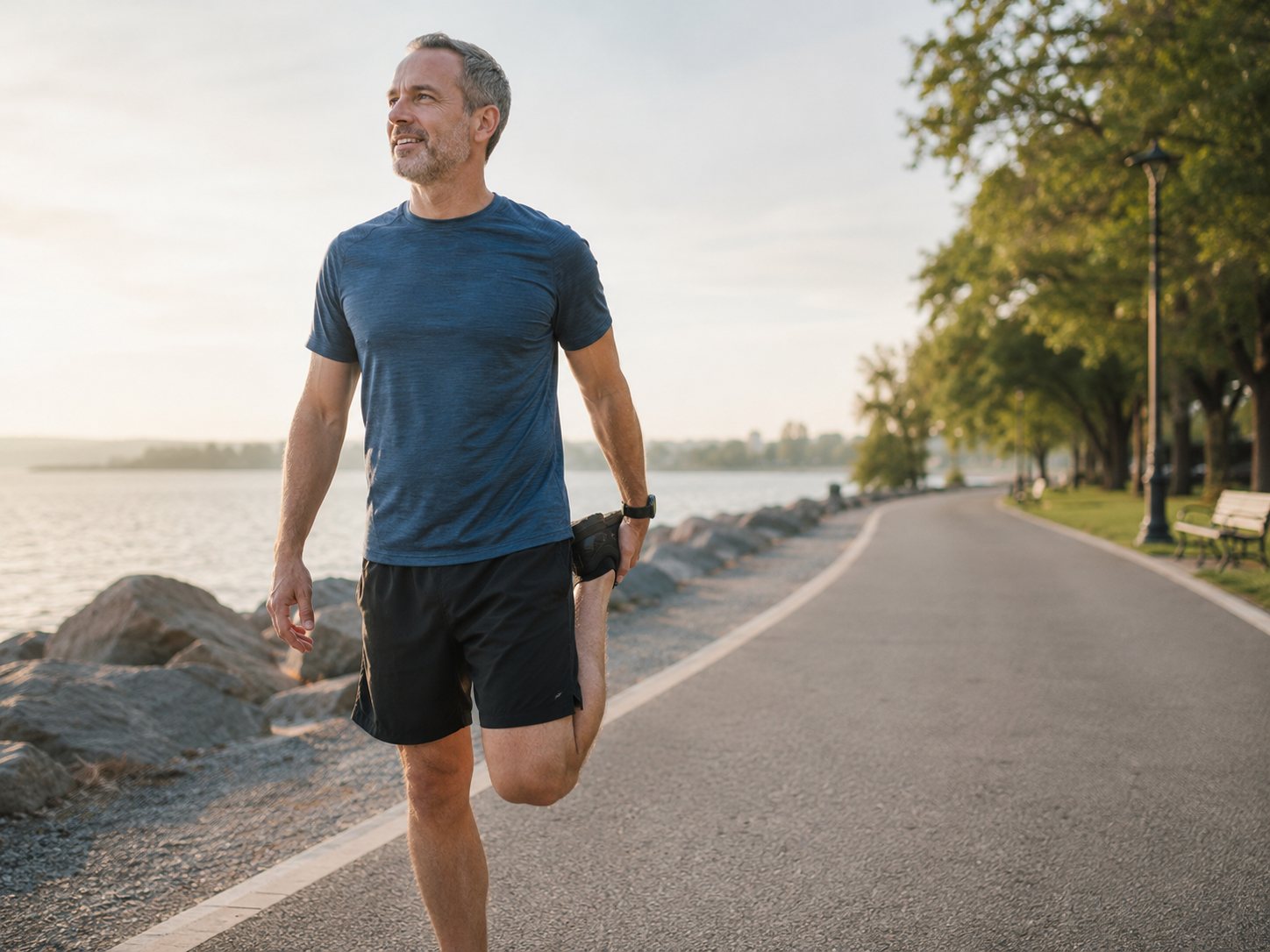 Grey-haired man in athletic clothes stretches one leg while standing on a sunlit waterfront path.