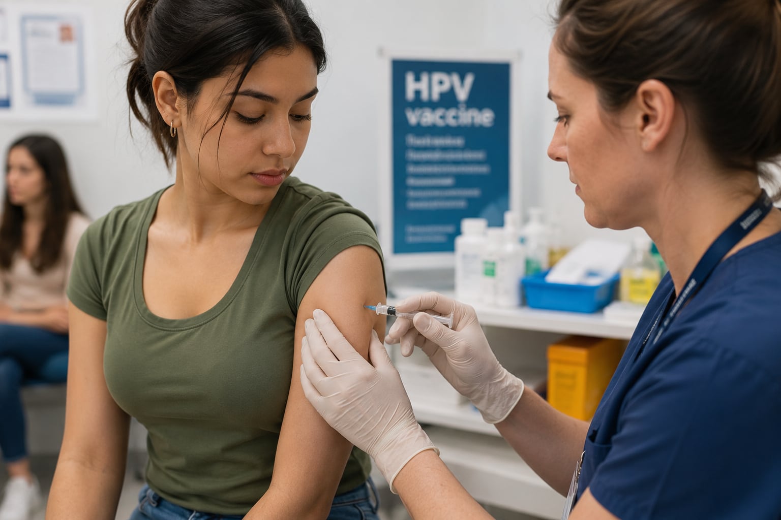 A clinician in navy scrubs and white gloves injects a young woman’s upper arm in a clinic room with an HPV vaccine poster and a seated person behind.