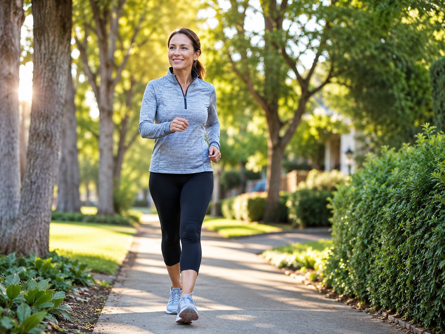 Woman in athletic clothing walking briskly along a sunlit, tree-lined suburban sidewalk in the morning.