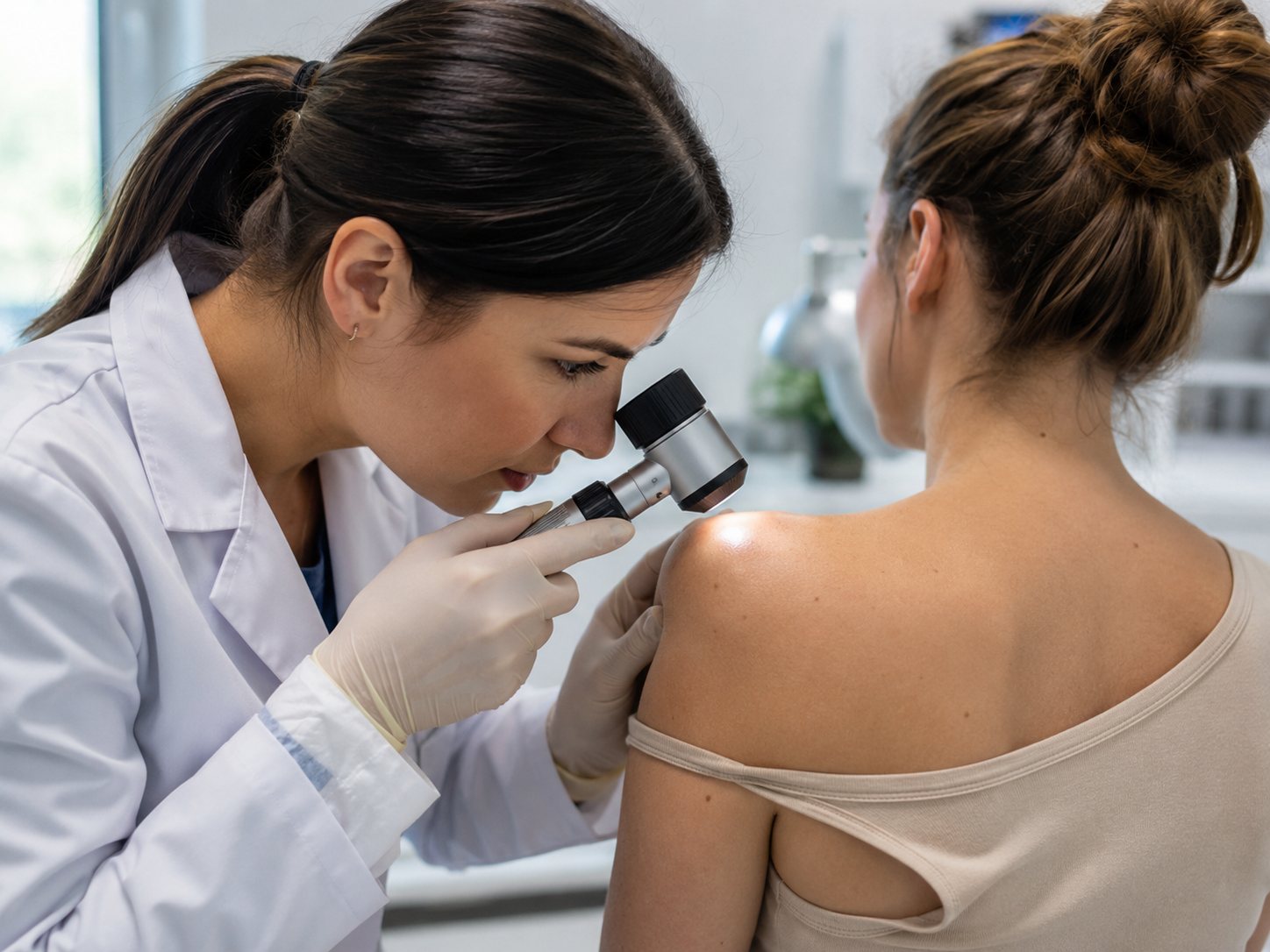 Gloved clinician examines a mole on a woman's shoulder with a handheld dermatoscope in a clinic.