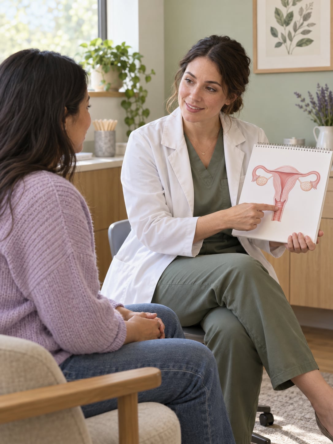 A healthcare provider showing a seated patient an anatomical diagram while explaining cervical screening (Pap test)
