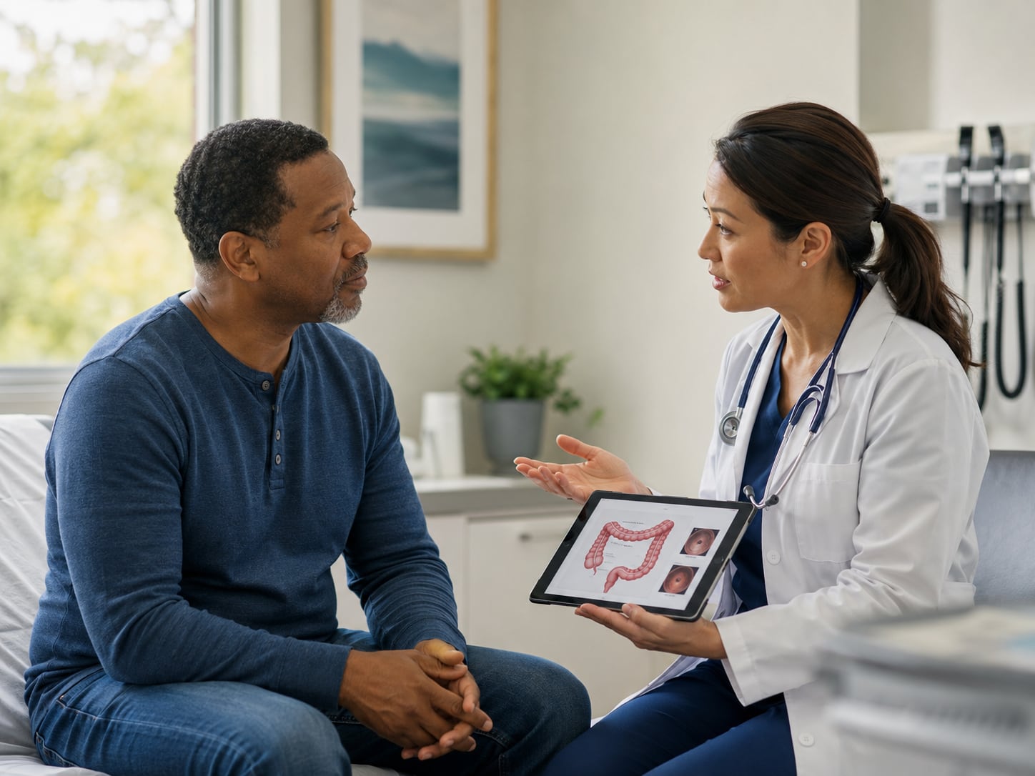 A man consults with a female doctor who holds a tablet