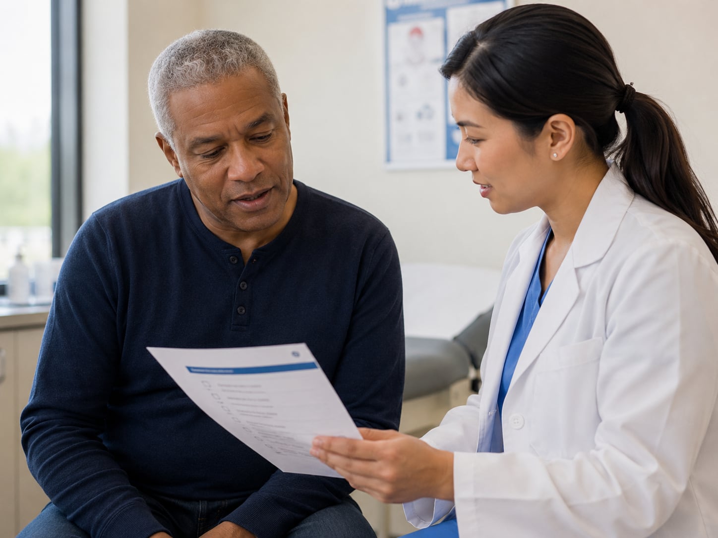 An older man reviews a printed handout with a female clinician in a clinic room