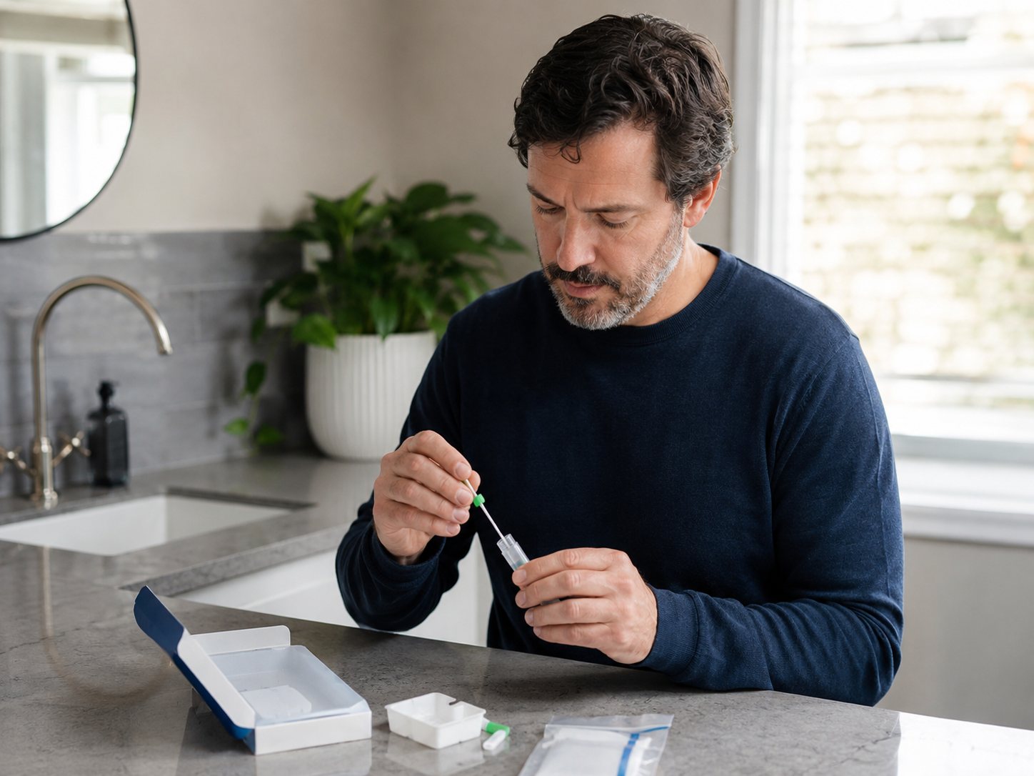 Bearded man carefully handles a swab and tube from an opened at-home test kit on a bathroom counter.