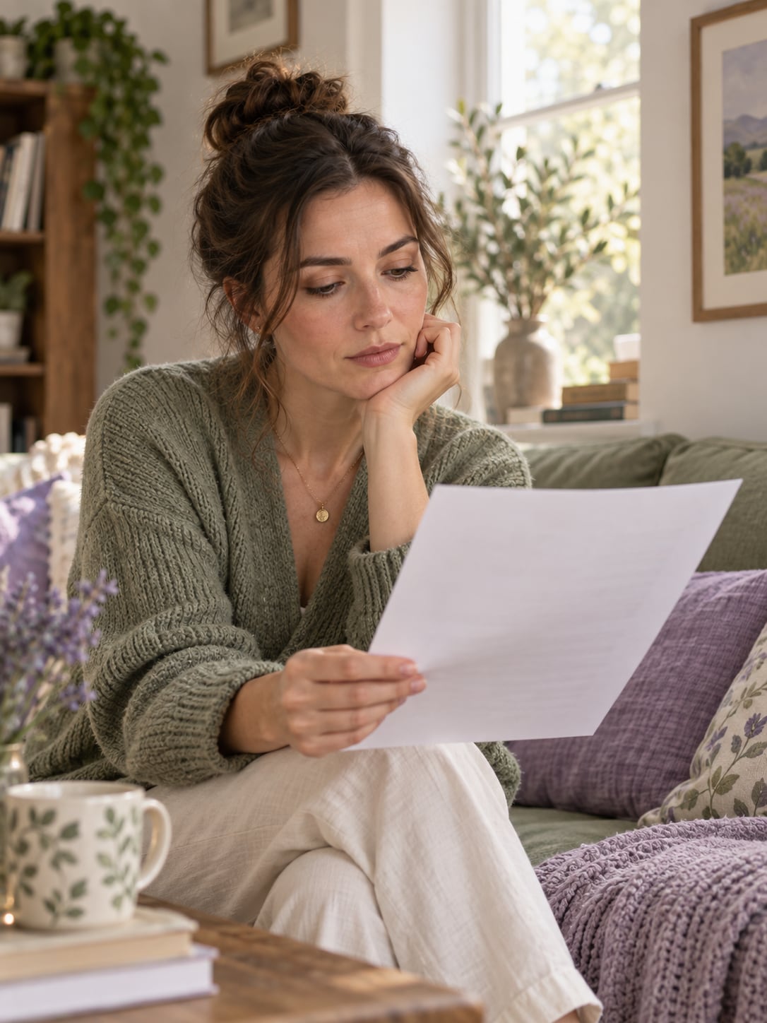 A woman sitting on a couch at home, reading a plain paper document held at an angle