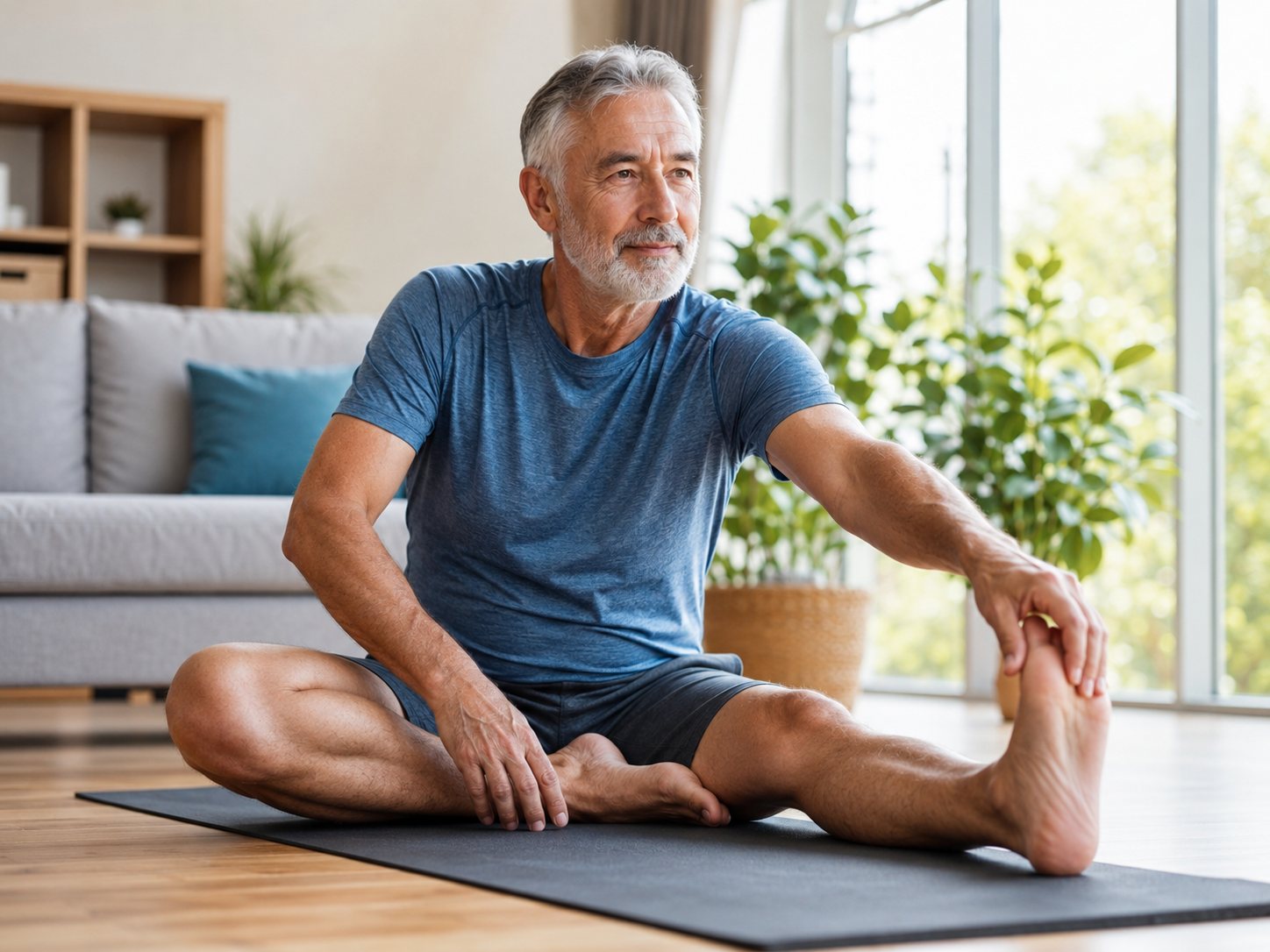 Grey-haired man reaches toward his foot in a seated stretch on a yoga mat in a sunlit room.