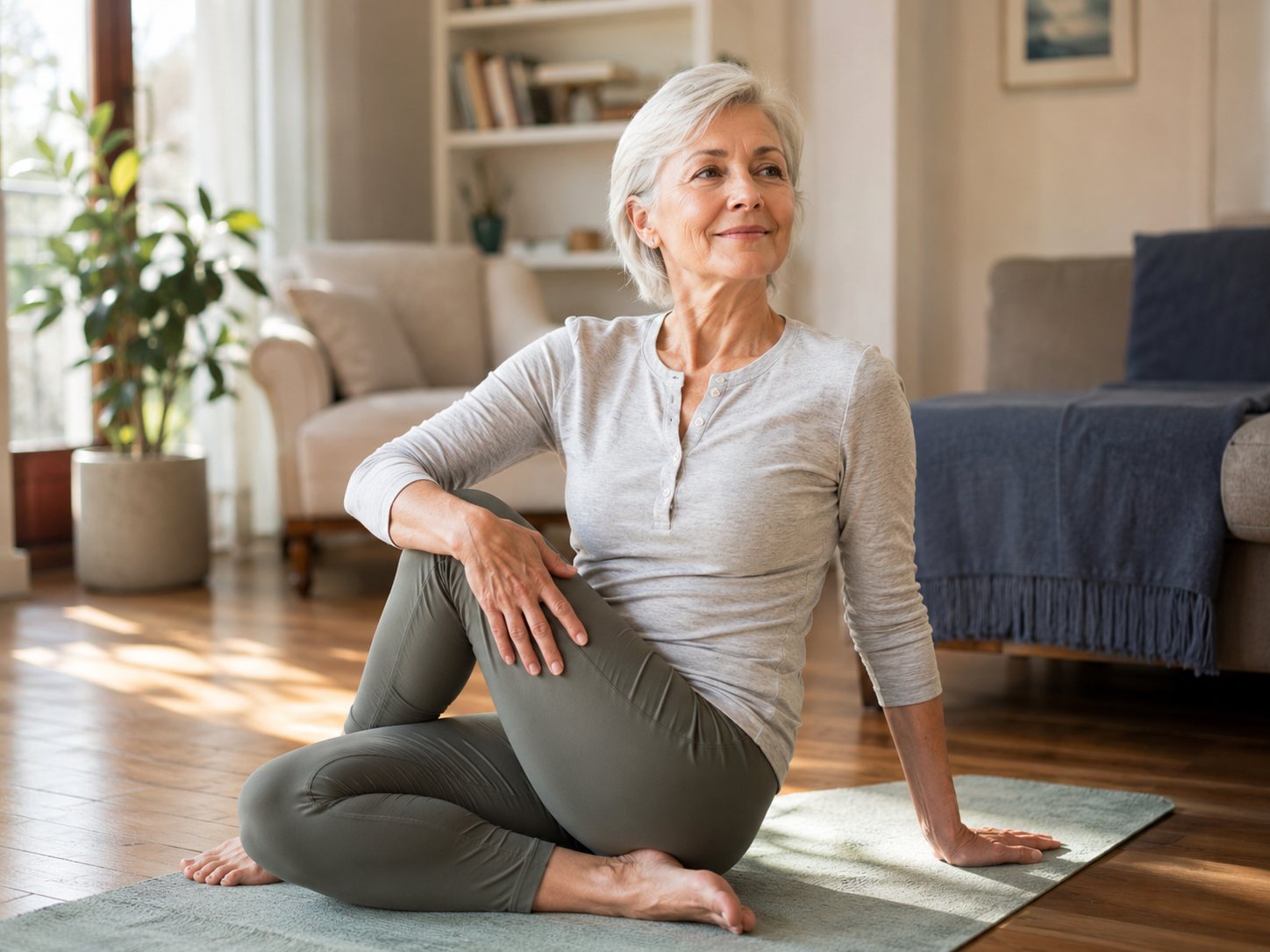 Older woman with white hair sits on a yoga mat doing a seated twist in a sunny living room.