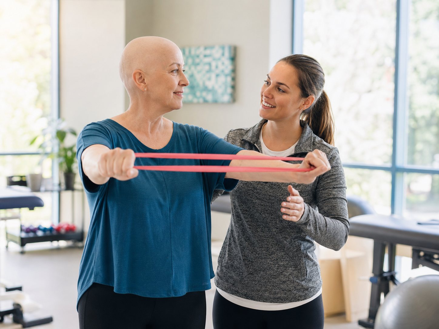 Woman with a shaved head pulls a resistance band while a therapist guides her arms in a gym.