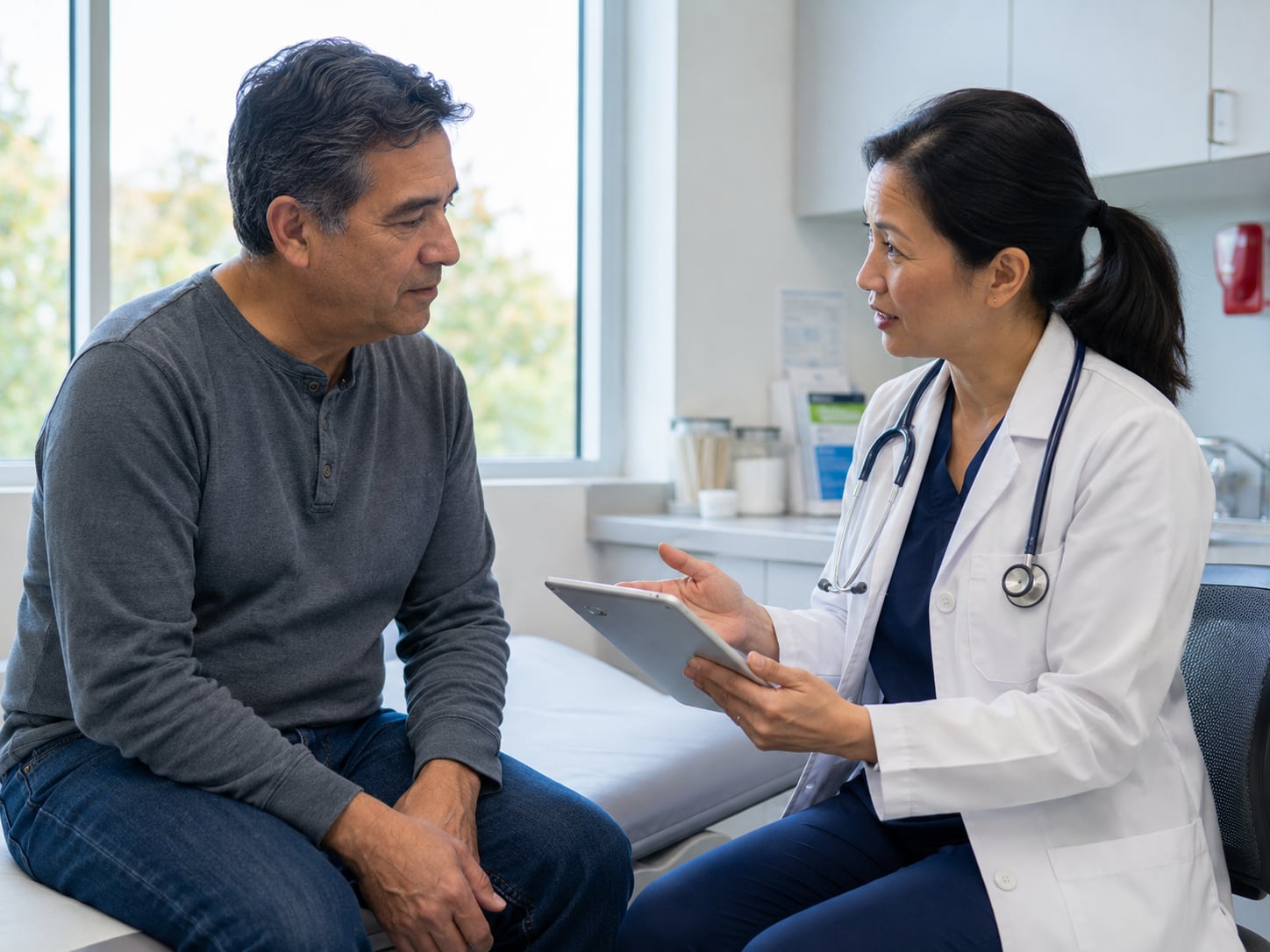 A man talks with a female doctor holding a tablet in an exam room