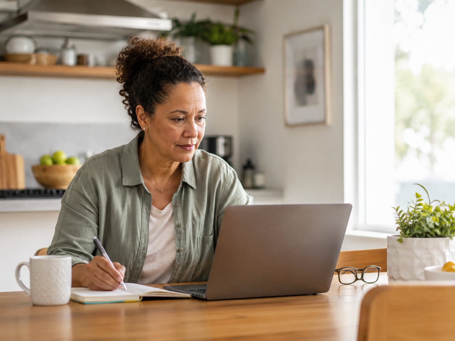 A woman writes notes while using a laptop at a home kitchen table