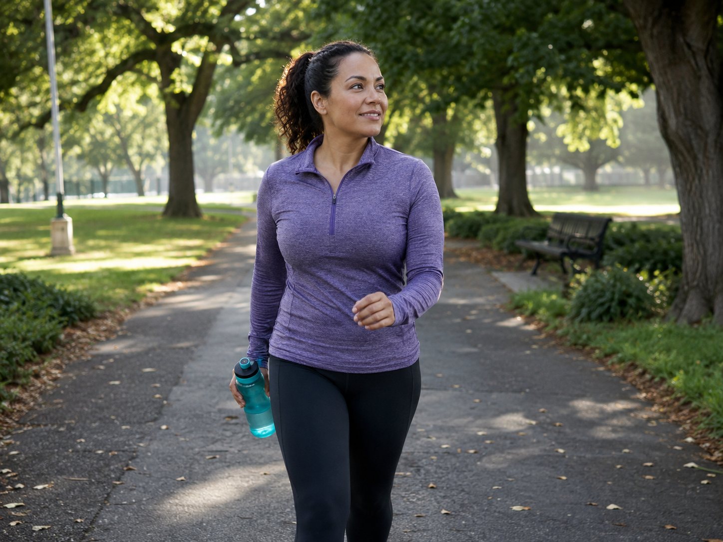 Woman in a purple athletic top walks a shaded park path holding a water bottle, smiling.