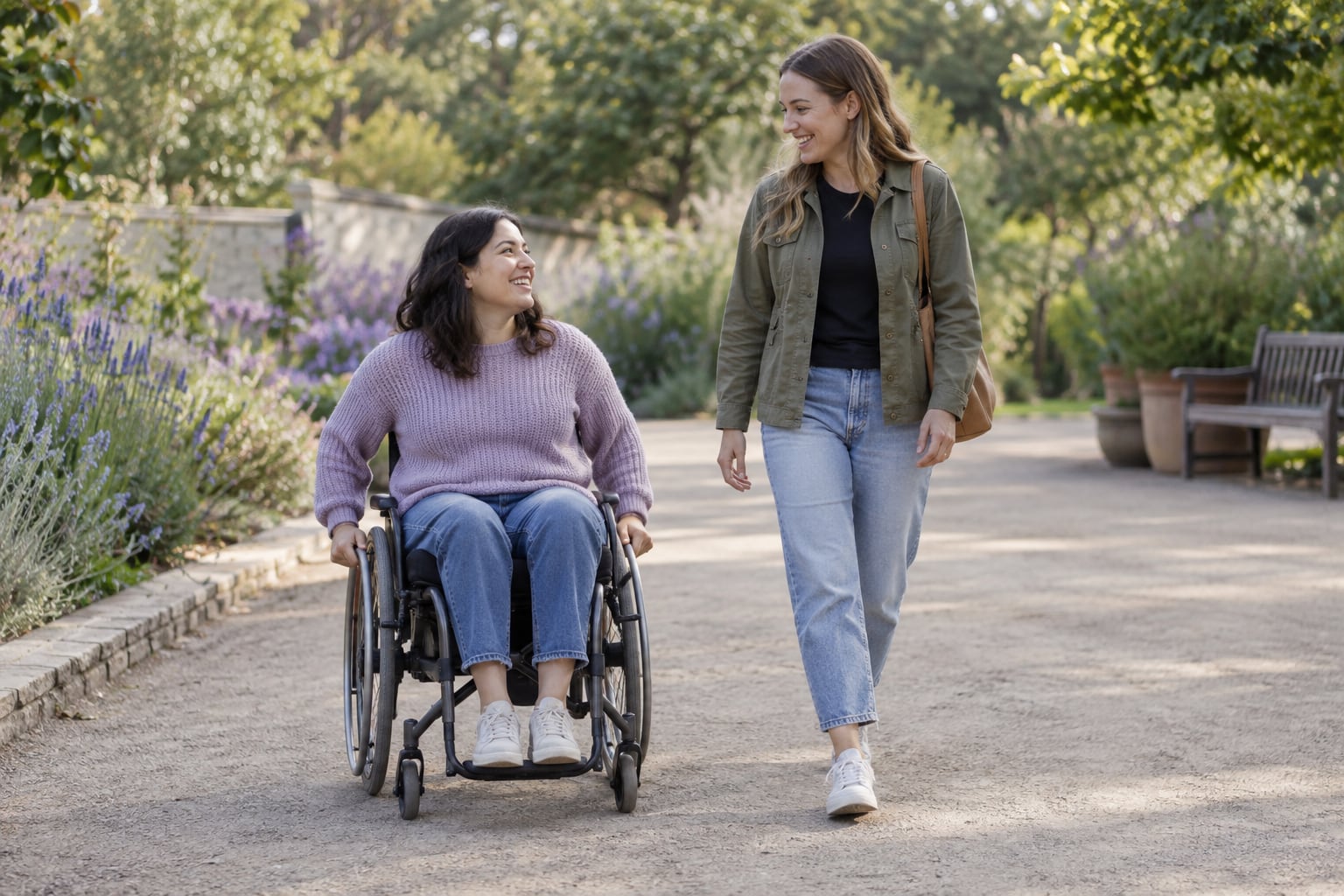 A woman using a wheelchair and her friend walk together and laugh along an accessible garden path lined with lavender.
