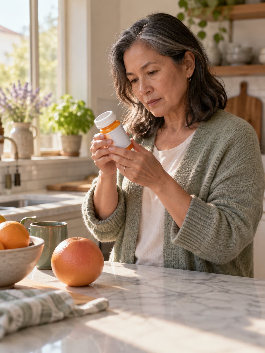 A person at a kitchen counter reads a medicine label next to a grapefruit.