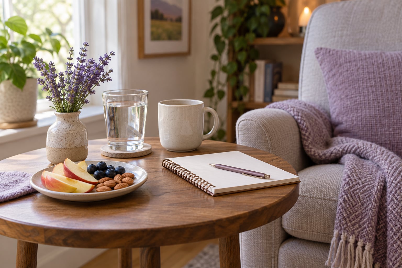 A small plate of apple slices, blueberries, and almonds beside a glass of water, a mug, and an open notebook on a side table.