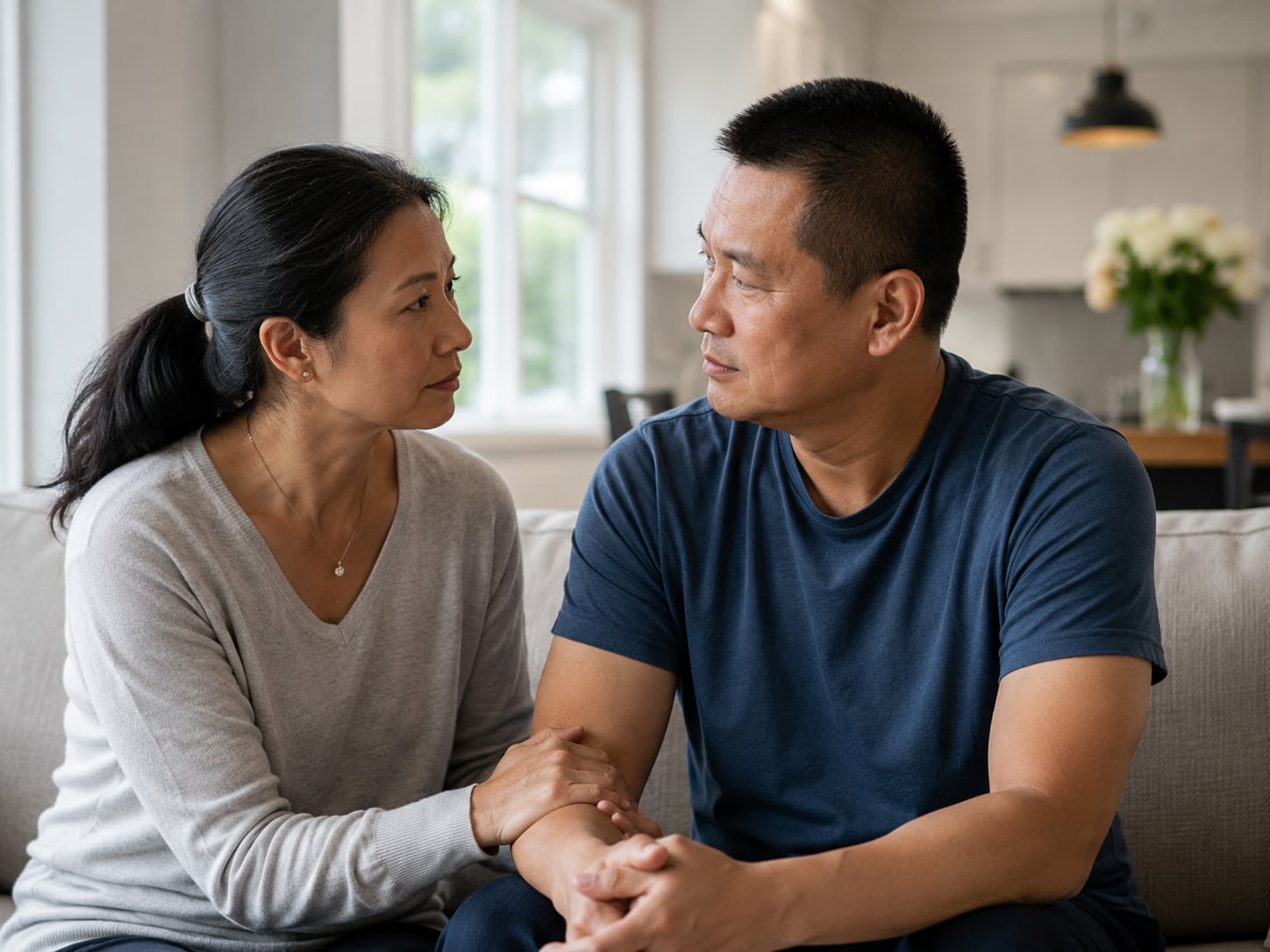 A woman and man have a serious conversation at a home kitchen table