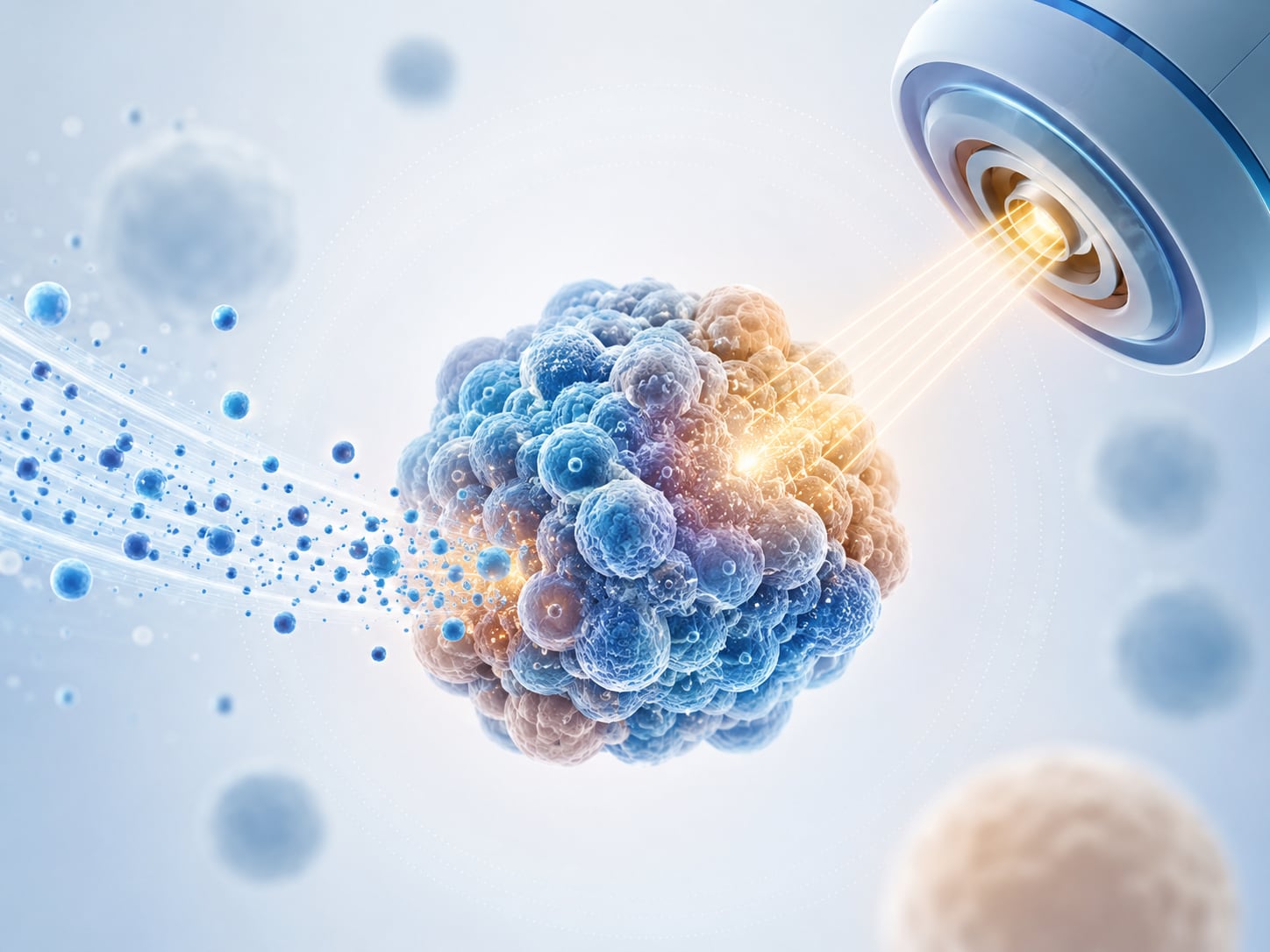 An illustration: close-up render of a cancer cell struck by a beam of light amid other cells