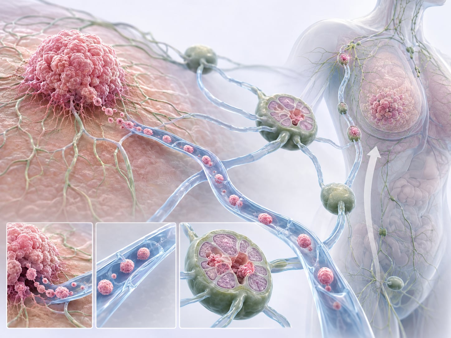 An illustration: cross-section render of a tumor with blood vessels and inset diagrams