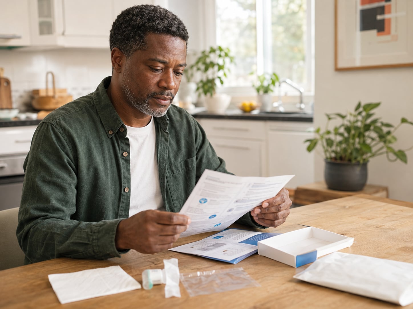 A man reads a document with printed charts at a home kitchen table