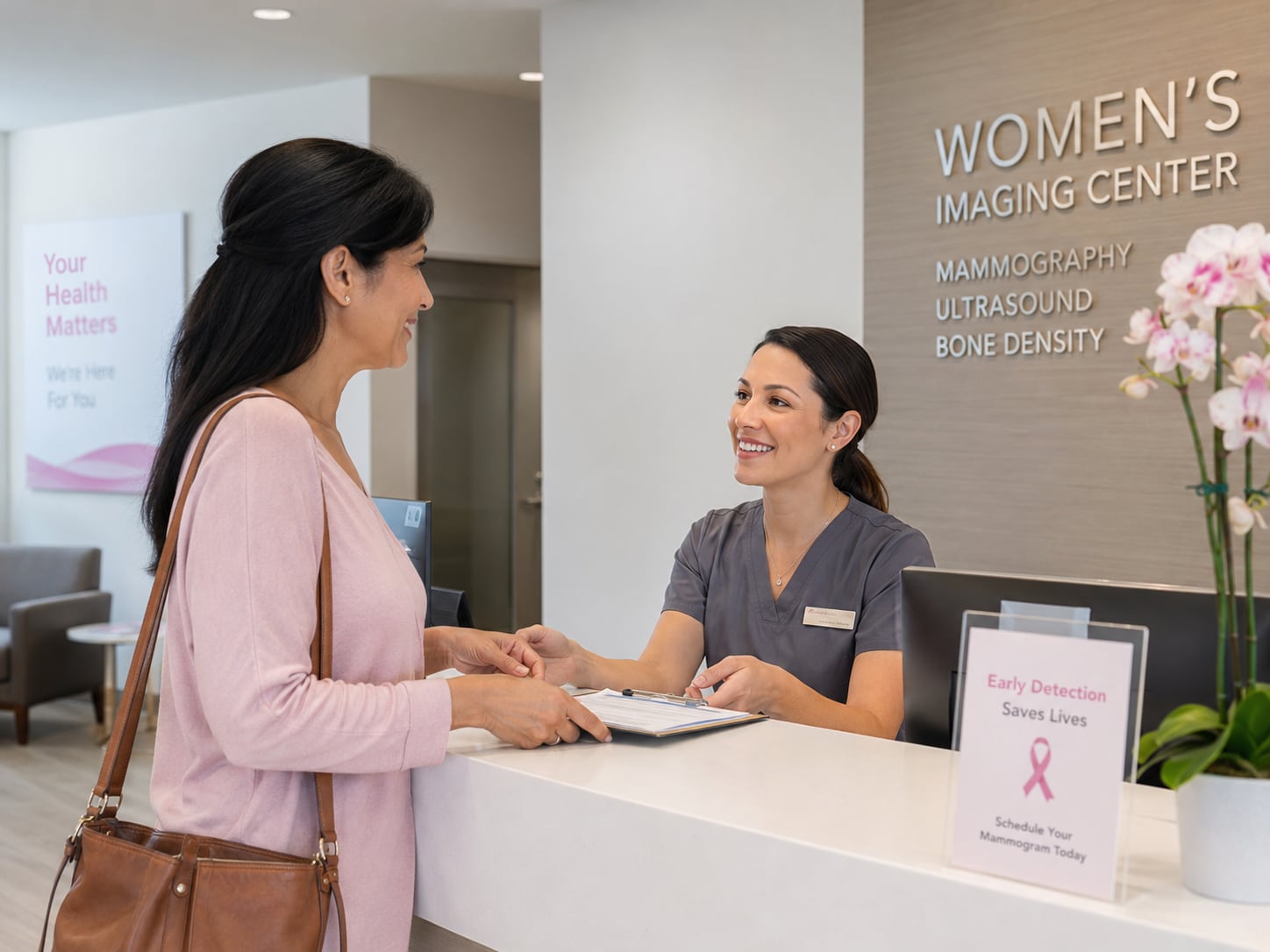 A woman checking in with a clinician at the reception desk of a breast imaging centre