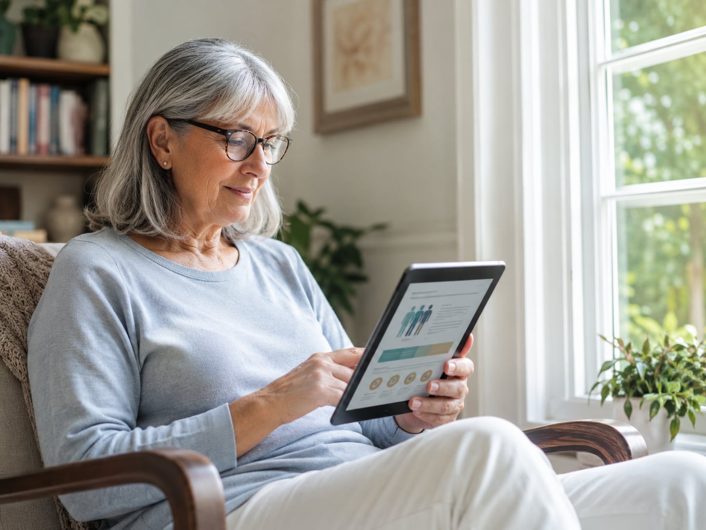 An older gray-haired woman looks at a tablet showing a chart at home
