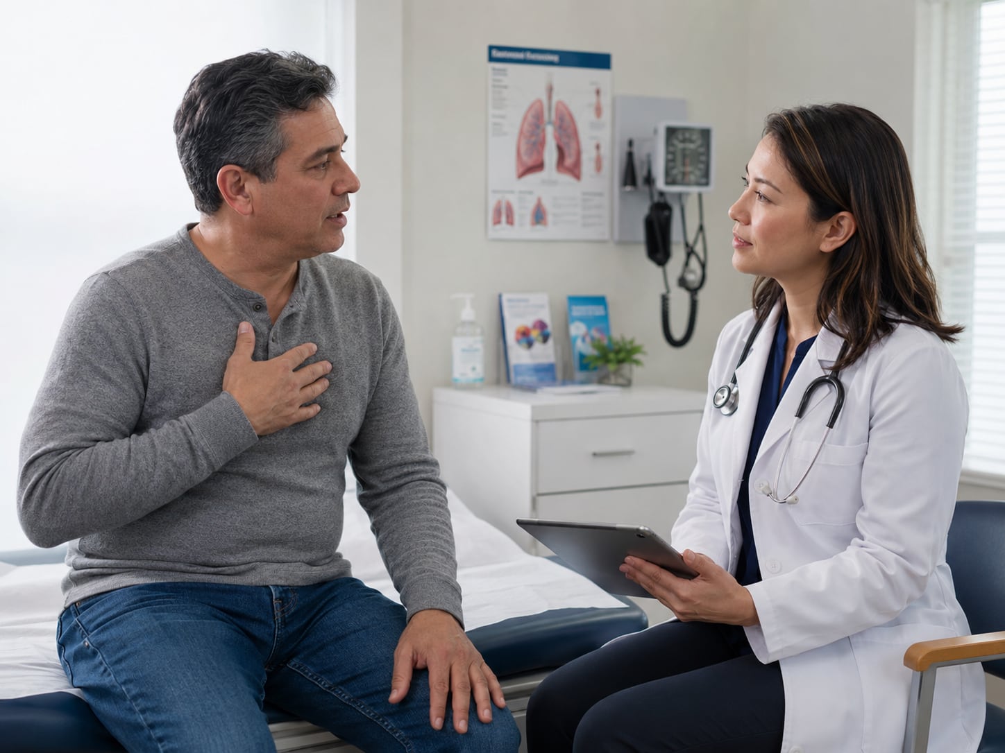 A man touches his chest while talking with a female doctor in an exam room