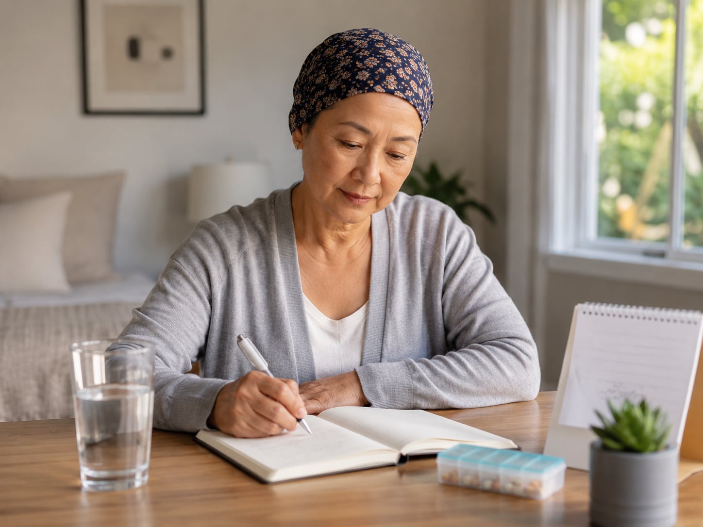A woman in a headscarf writing in a notebook at home