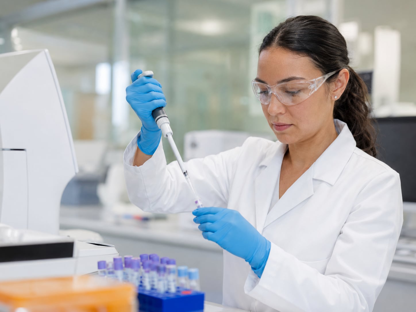 A scientist in blue gloves uses a pipette in a laboratory