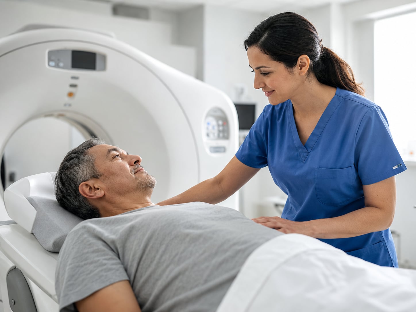 A man lies inside a CT or MRI scanner while a technician assists