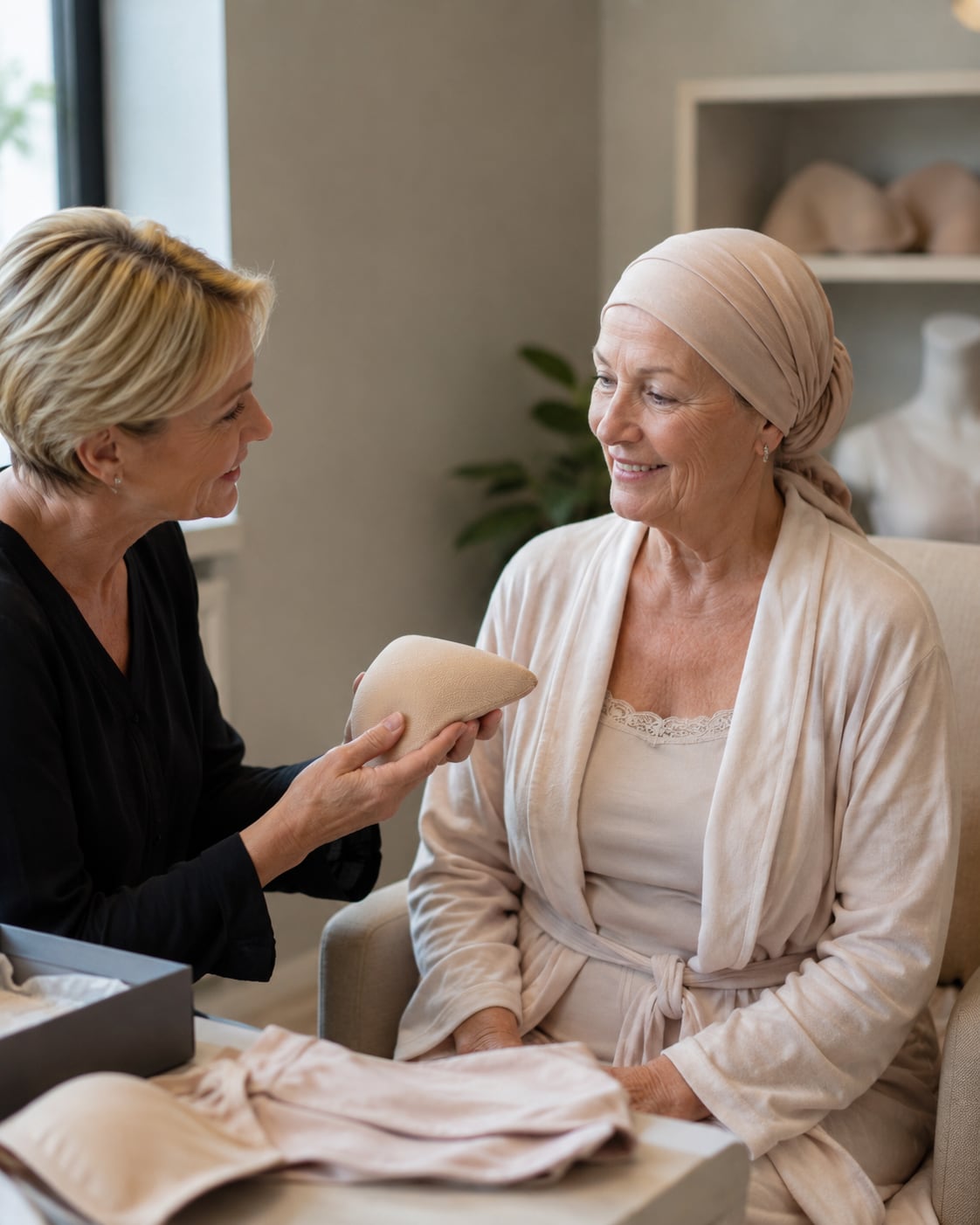 Two women walk together outdoors, one wearing a headscarf