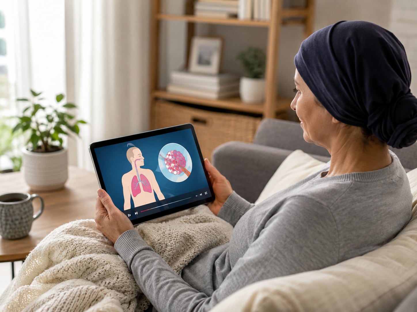 An older woman with a headscarf looks at a tablet showing a lung illustration with a companion