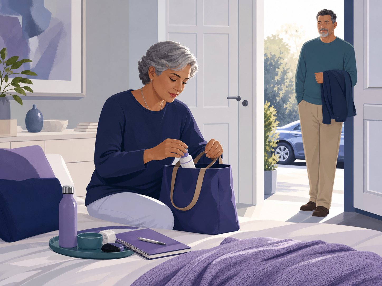 A woman packs a tote with a notebook, water bottle and pill organiser while a companion waits by the door.