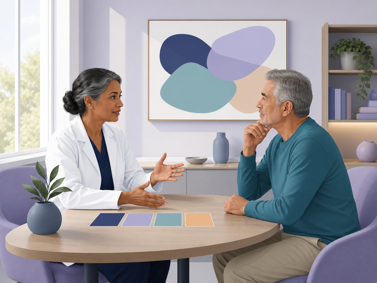 A clinician and an older man in conversation at a round table with four blank coloured cards laid out.