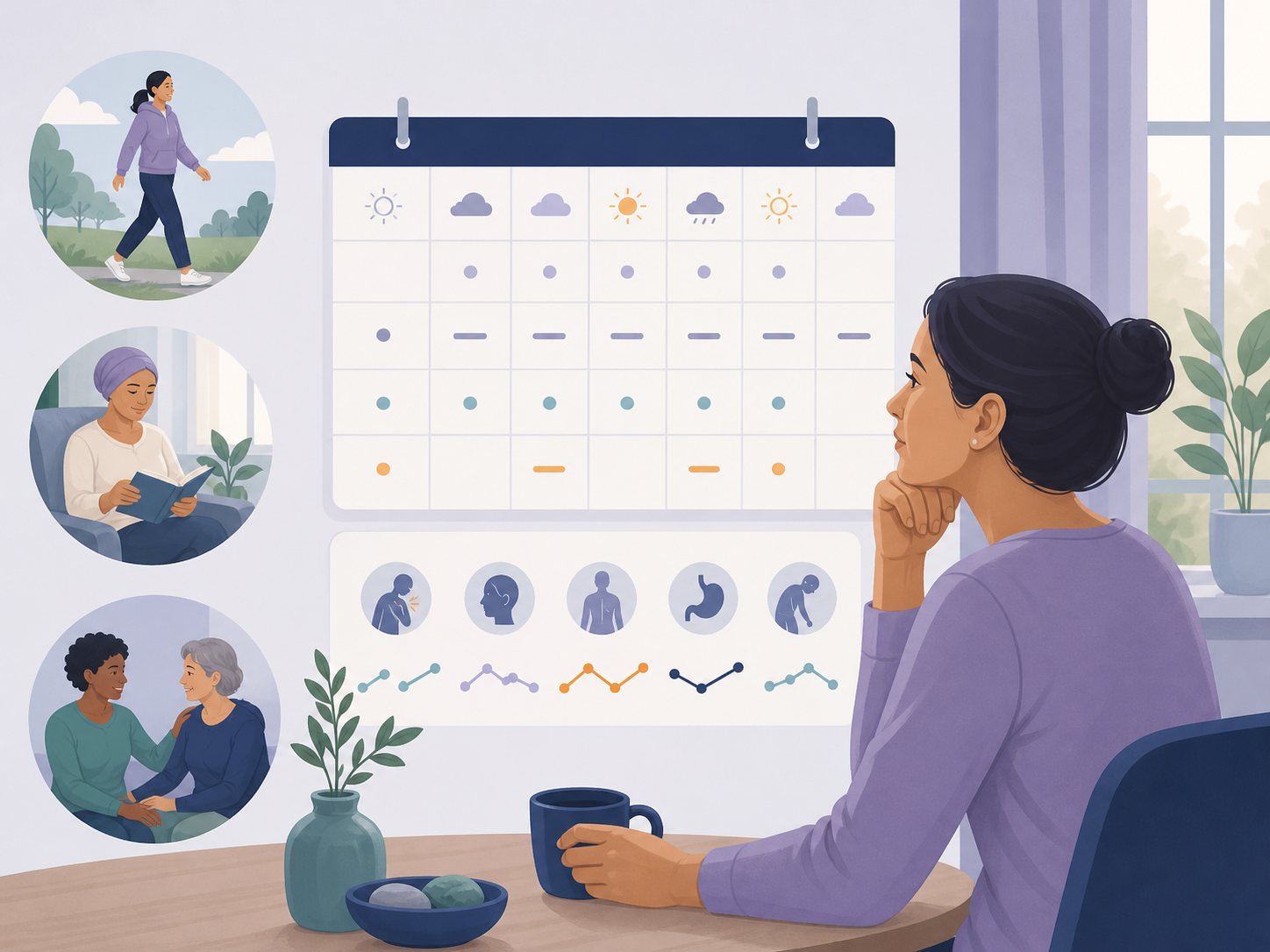 A wall calendar with daily marks alongside symptom icons and trend lines.