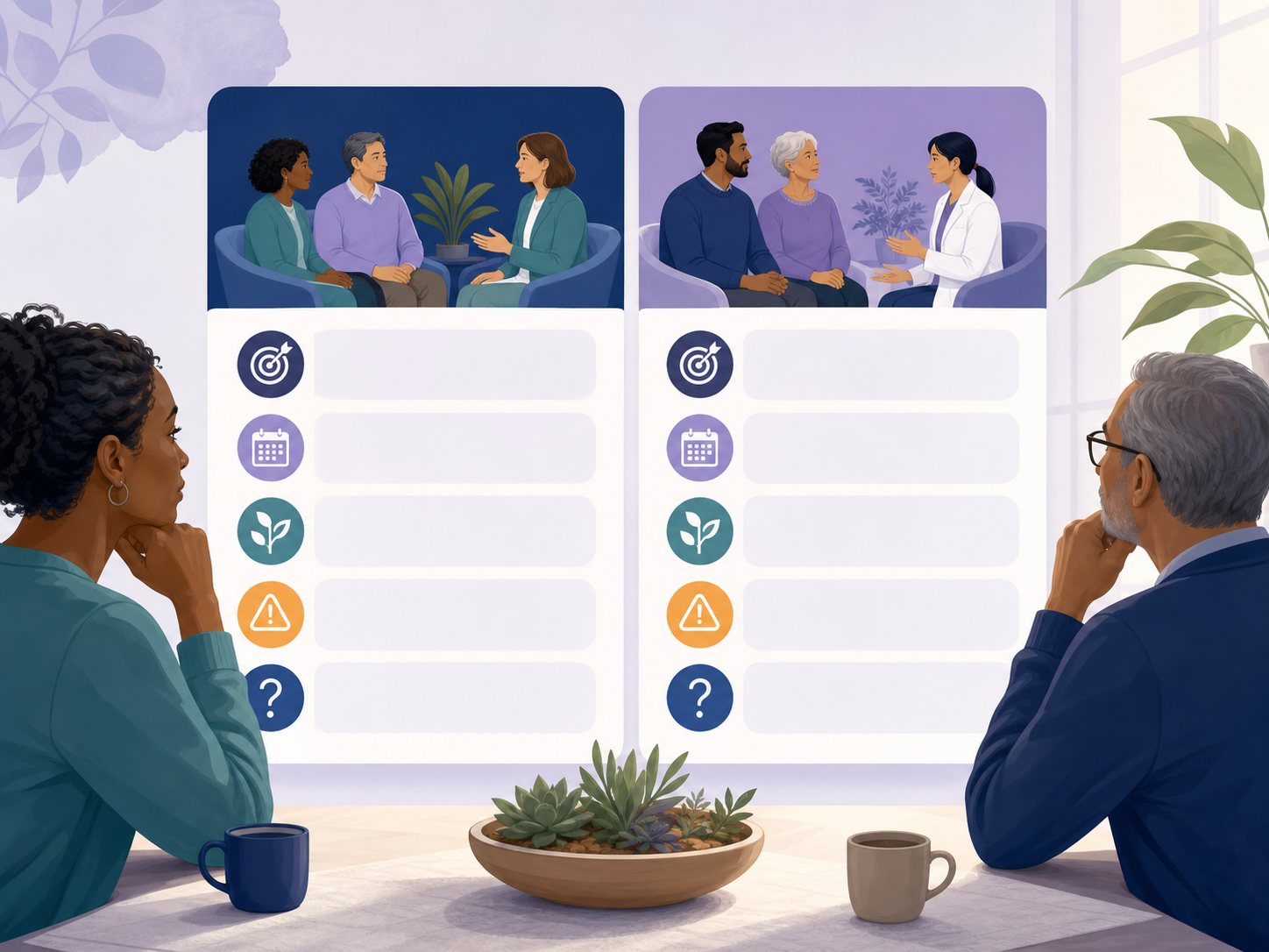 Two side-by-side option cards, each with a consultation scene and rows of icons for goals, schedule, benefits, risks and questions.