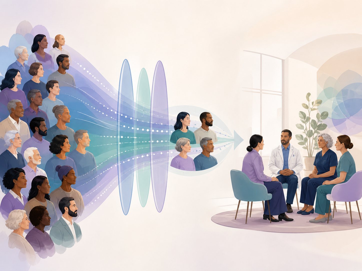 Many avatar bubbles funnel through an arrow into a small shortlist, leading to a care-team discussion.