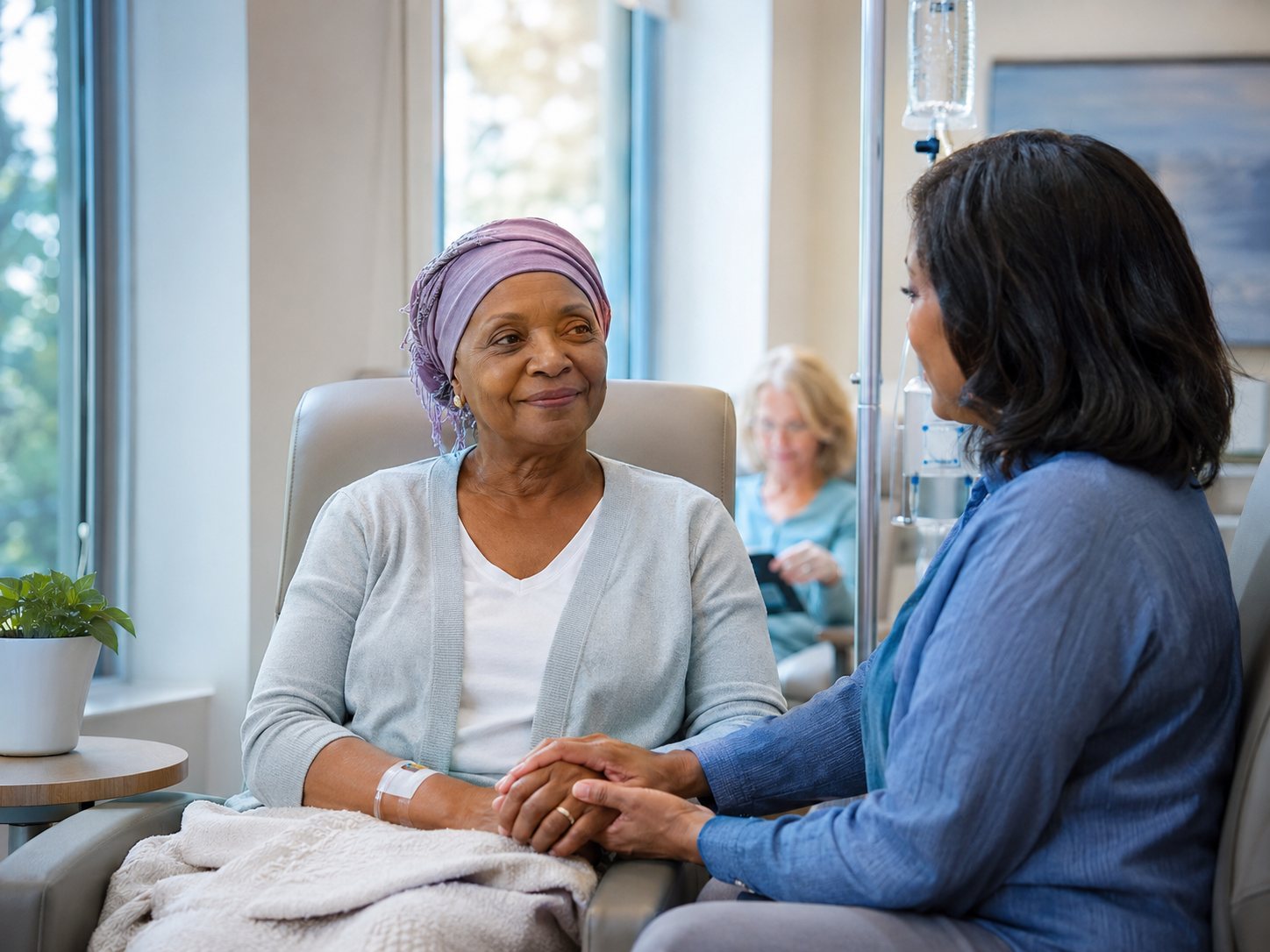 Woman in a head wrap holds hands with a visitor beside her infusion chair and IV pole.