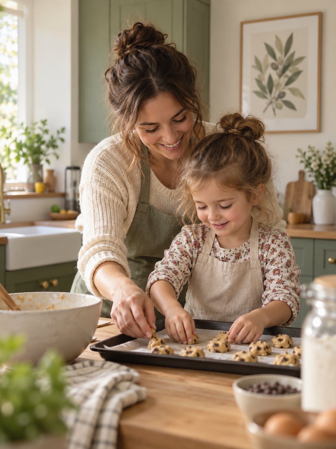 A mother and young daughter baking cookies together at a warm home kitchen counter