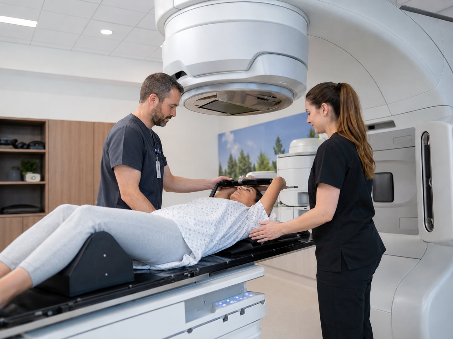 Two clinicians in scrubs position a patient lying on the couch of a linear accelerator, one steadying the head support and the other resting a hand on the patient’s torso.