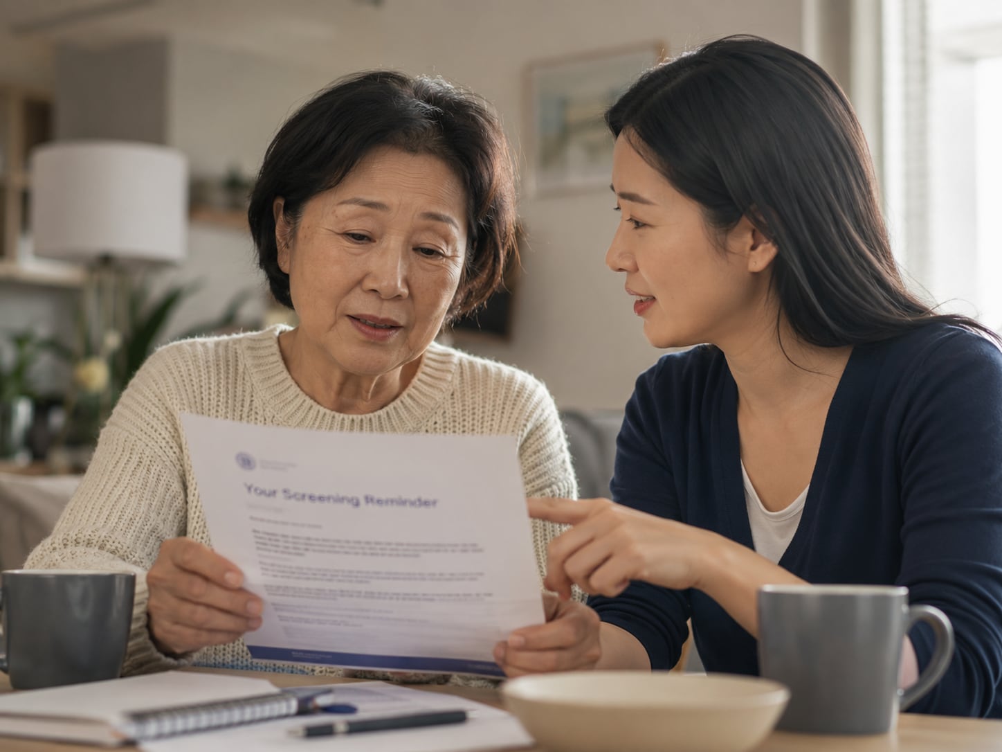 An older woman holds a paper document while talking with another woman at home