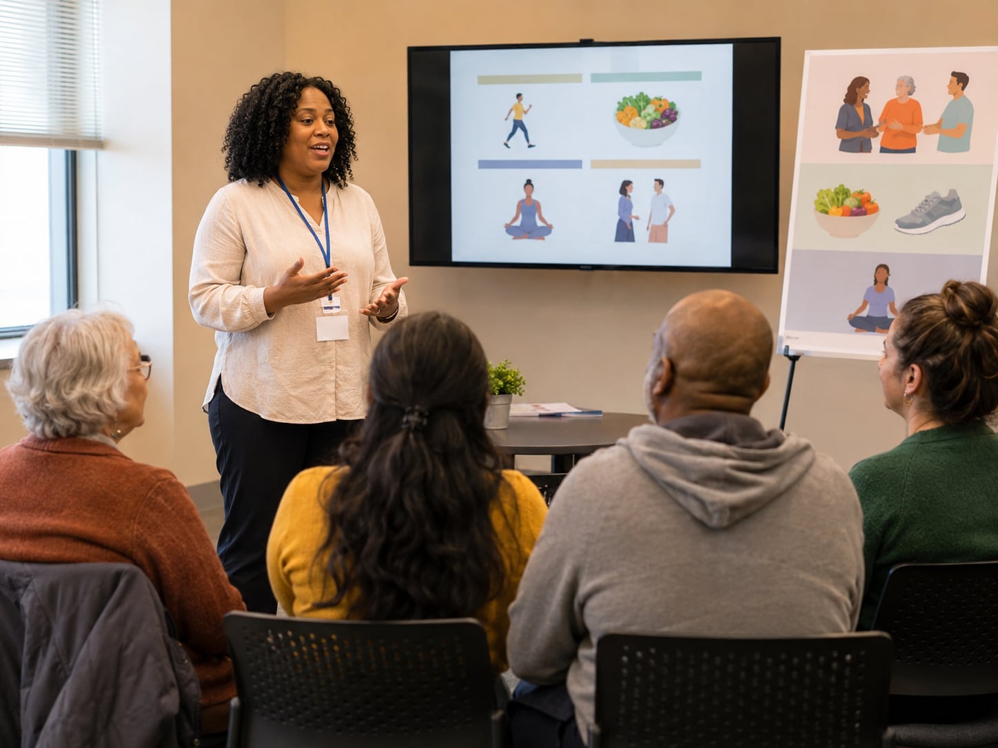 A woman presents illustrated slides to a seated group of older adults