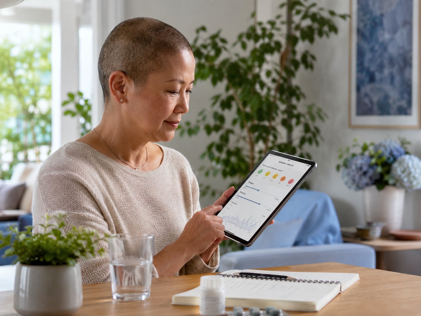 An older woman with a headscarf looks at a tablet showing a chart while seated on a couch
