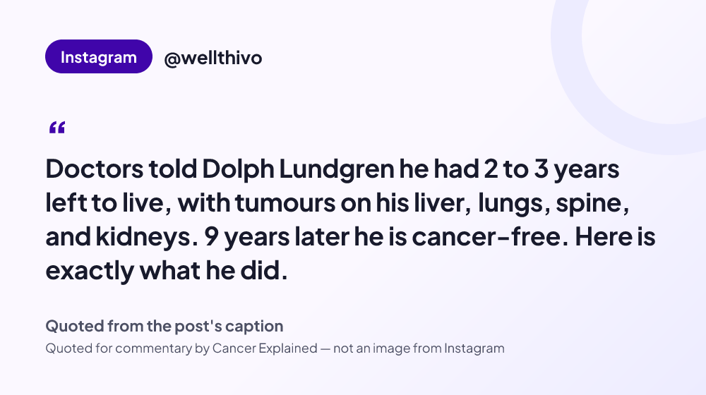 Quote card reading: "Doctors told Dolph Lundgren he had 2 to 3 years left to live, with tumours on his liver, lungs, spine, and kidneys. 9 years later he is cancer-free. Here is exactly what he did." — @wellthivo