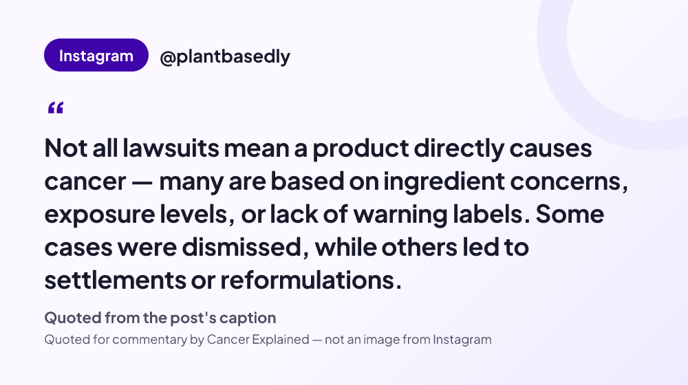 Quote card reading: "Not all lawsuits mean a product directly causes cancer — many are based on ingredient concerns, exposure levels, or lack of warning labels. Some cases were dismissed, while others led to settlement..." — @plantbasedly