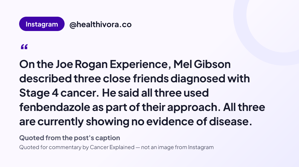 Quote card reading: "On the Joe Rogan Experience, Mel Gibson described three close friends diagnosed with Stage 4 cancer. He said all three used fenbendazole as part of their approach. All three are currently showing n..." — @healthivora.co