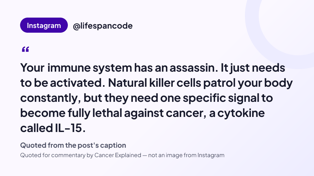 Quote card reading: "Your immune system has an assassin. It just needs to be activated. Natural killer cells patrol your body constantly, but they need one specific signal to become fully lethal against cancer, a cytok..." — @lifespancode