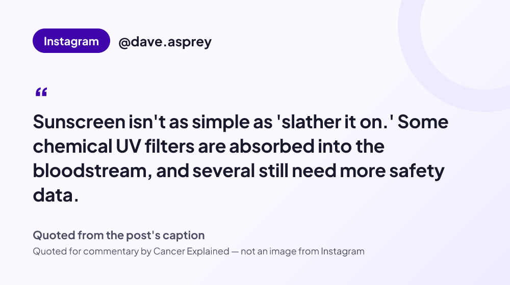 Quote card reading: "Sunscreen isn't as simple as 'slather it on.' Some chemical UV filters are absorbed into the bloodstream, and several still need more safety data." — @dave.asprey