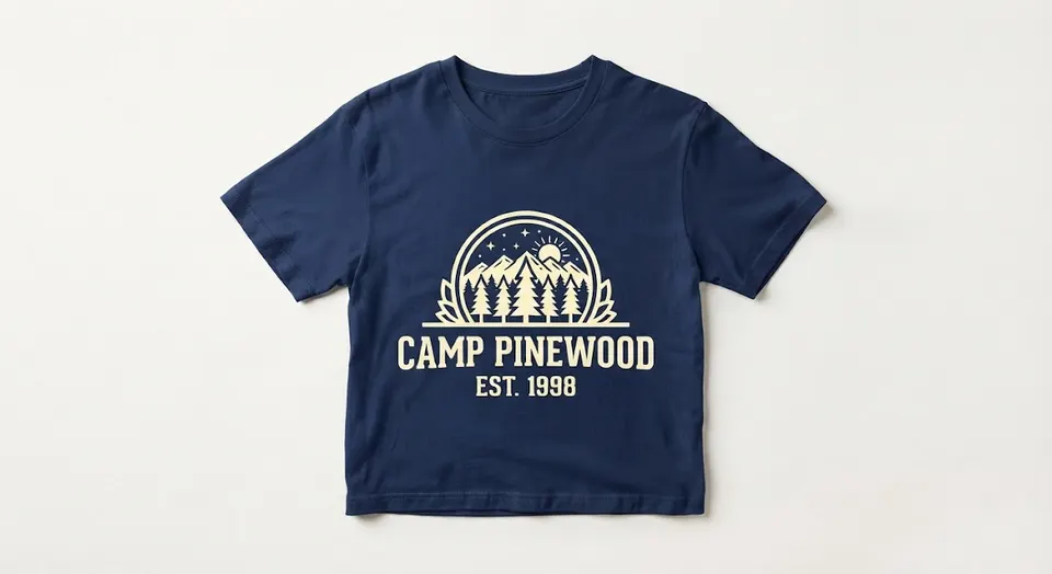 A crisp navy T-shirt with the same Camp Pinewood, Est. 1998 pine-tree badge, redrawn as clean artwork